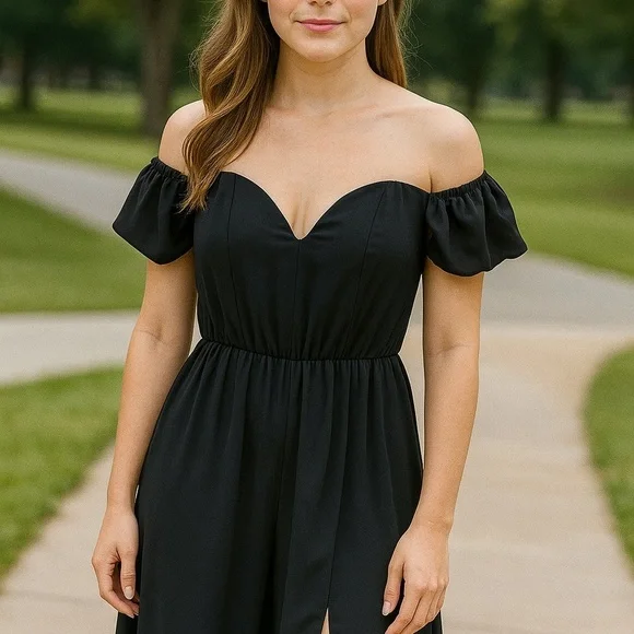 Francesca's Collections Black Off Shoulder Romper Sweetheart Neckline - Picture 1 of 9